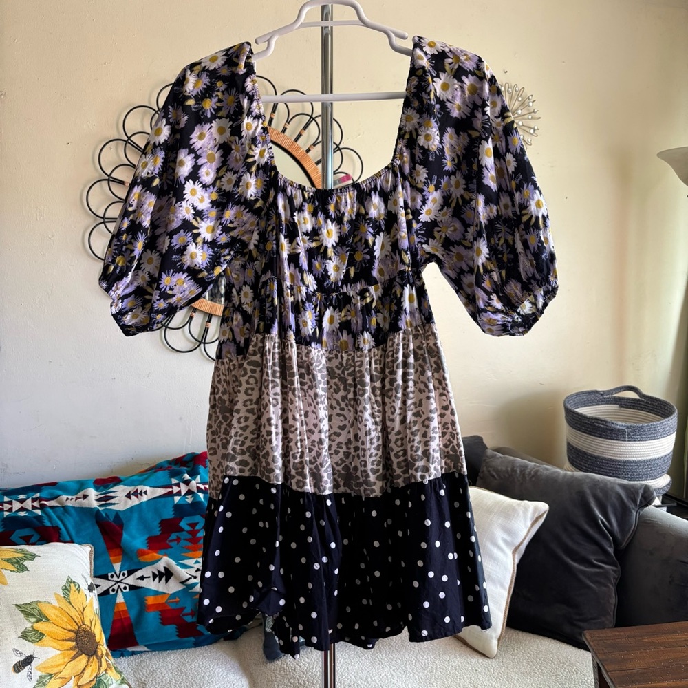 Milkmaid Babydoll Tiered Mini Dress Mixed Watercolor Daisy Animal Dots Size 14